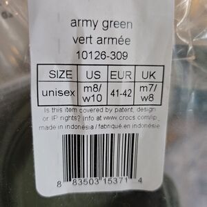 NWT Army Green Unisex Crocs M8/W10